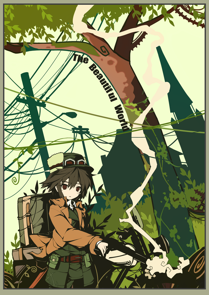backpack, bag, belt, black_hair, coat, flat_color, goggles, gun