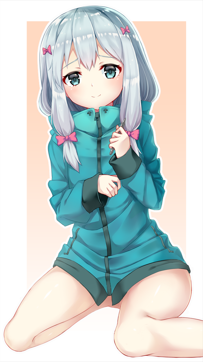 1girl, bangs, bare_legs, blue_eyes, bow, commentary_request, eromanga_sensei, green_jacket