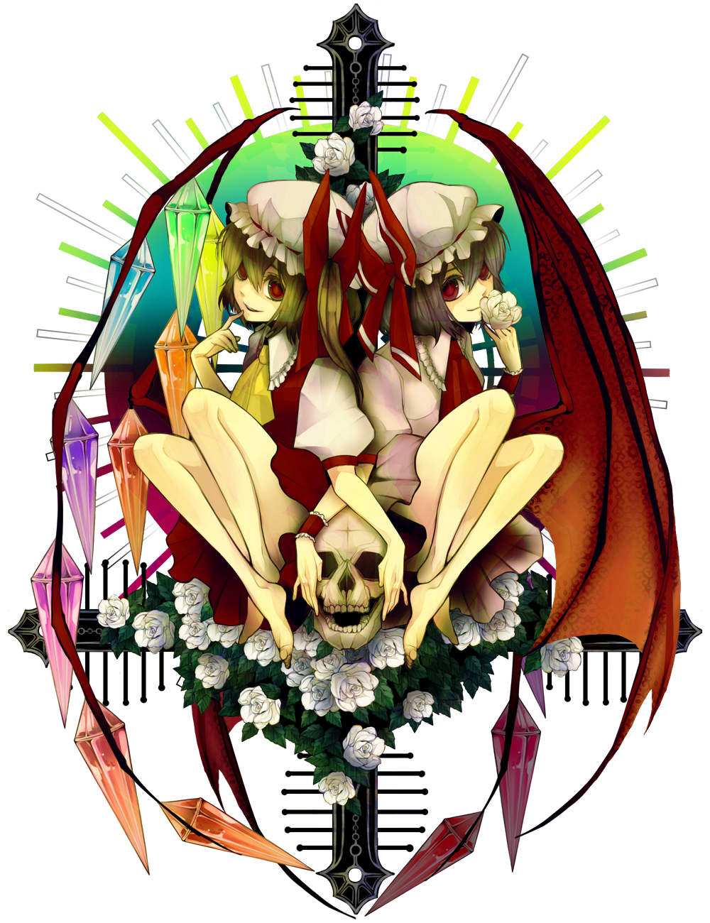 barefoot, flandre_scarlet, flower, hat, highres, matching_outfit, red_eyes, remilia_scarlet