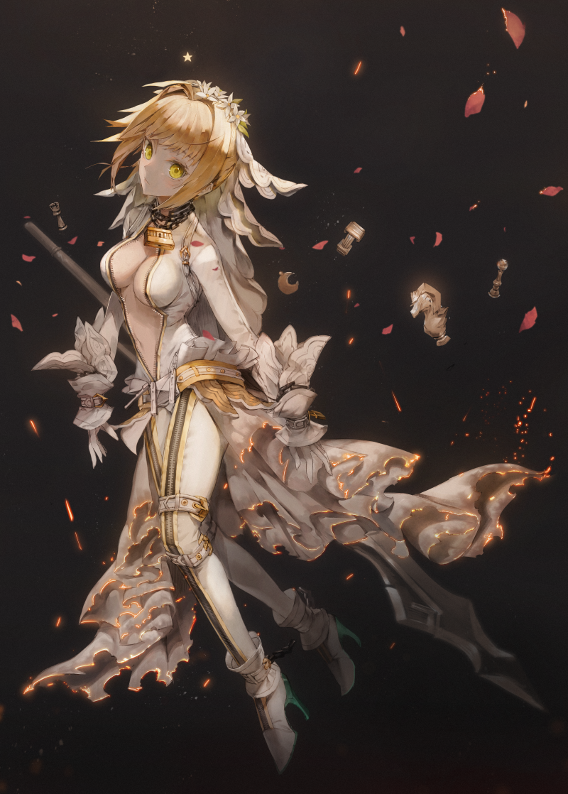 1girl, aestus_estus, ahoge, arms_at_sides, belt, belt_buckle, blonde_hair, bodysuit