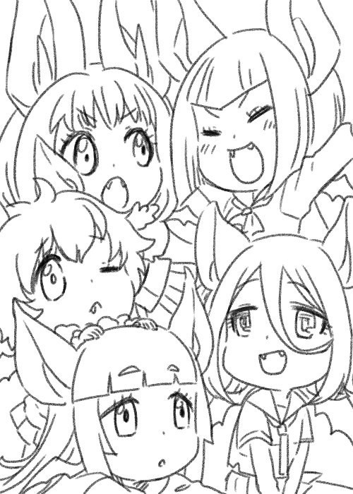 >:o, 5girls, :d, :o, ;<, ^_^, animal_ears, arm_up