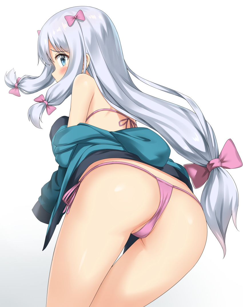 absurdres, ass, bikini, bikini_under_clothes, blue_eyes, blush, bow, from_behind