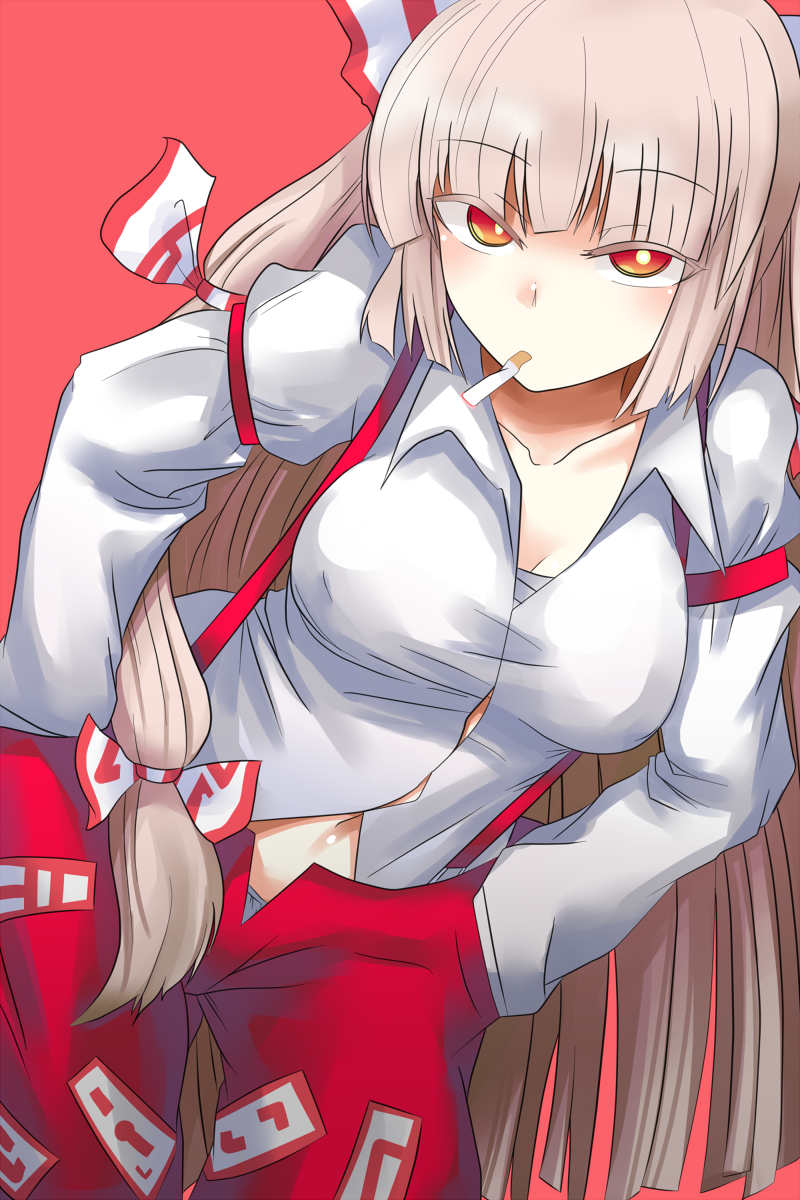 1girl, arm_garter, bangs, blunt_bangs, bow, breasts, cigarette, cleavage