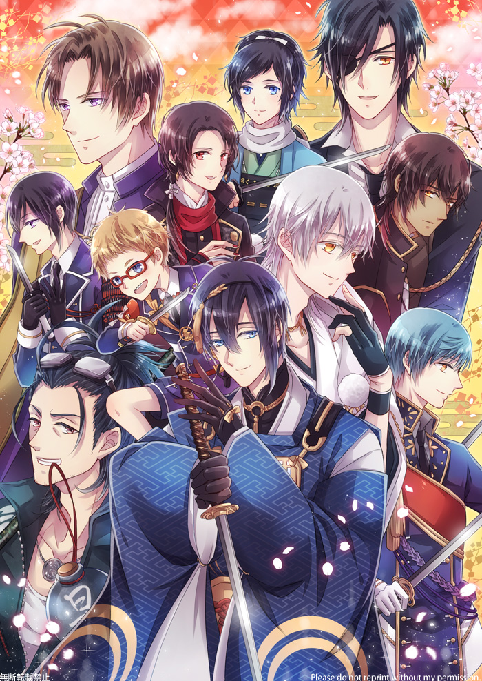 6+boys, aqua_hair, black_gloves, black_hair, blonde_hair, blue_eyes, brown_hair, earrings