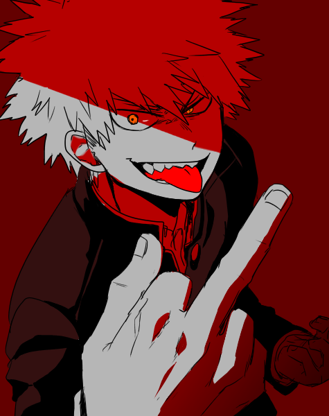 1boy, bakugou_katsuki, boku_no_hero_academia, duo_chromatic, gakuran, looking_at_viewer, middle_finger, orange_eyes