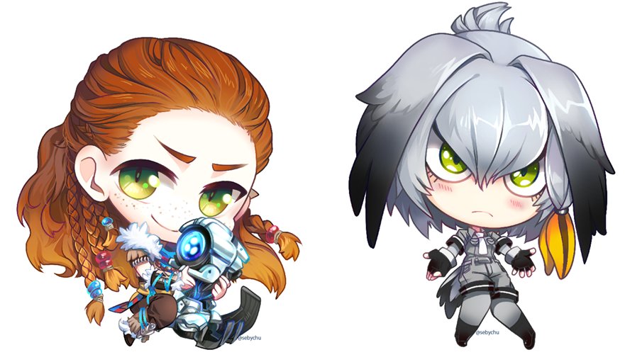 1girl, 2girls, aloy_(horizon), bangs, black_gloves, braid, brown_hair, chibi
