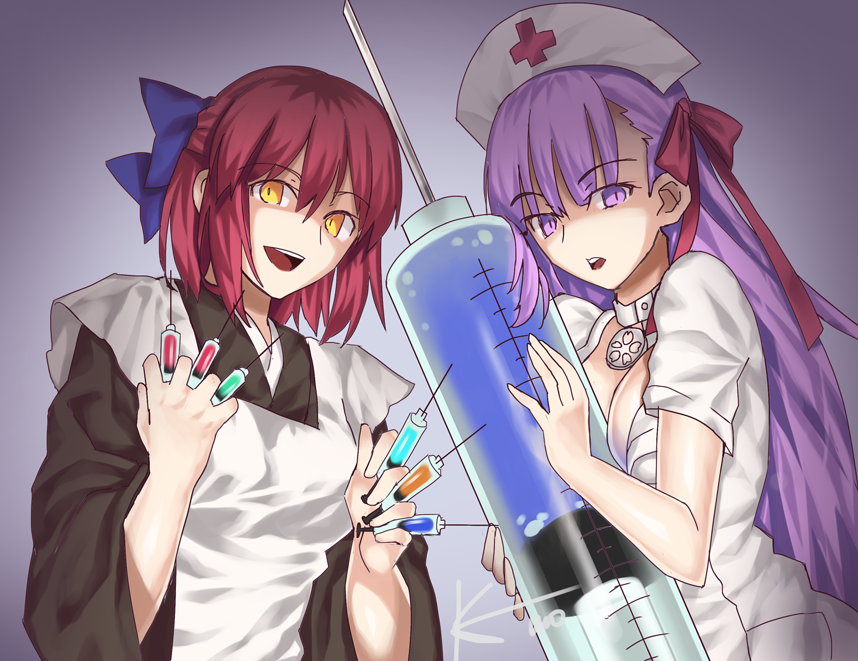 2girls, :d, apron, bangs, between_fingers, blue_bow, blue_ribbon, bow