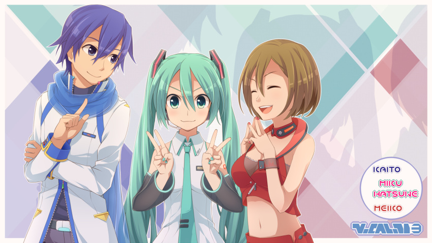1boy, 2girls, belt, blue_hair, breasts, brown_hair, character_name, cleavage