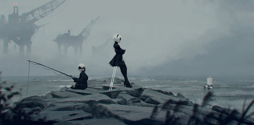 1boy, 1girl, black_dress, blindfold, clouds, cloudy_sky, commentary, covered_eyes, day, dress, feather-trimmed_sleeves, fishing, fishing_rod, fog, gloves, guweiz, high_heels, leaning_on_object, nier_(series), nier_automata, ocean, oil_refinery, outdoors, pod_(nier_automata), rock, scenery, short_hair, sitting, sky, water, white_hair, yorha_no._2_type_b, yorha_no._9_type_s