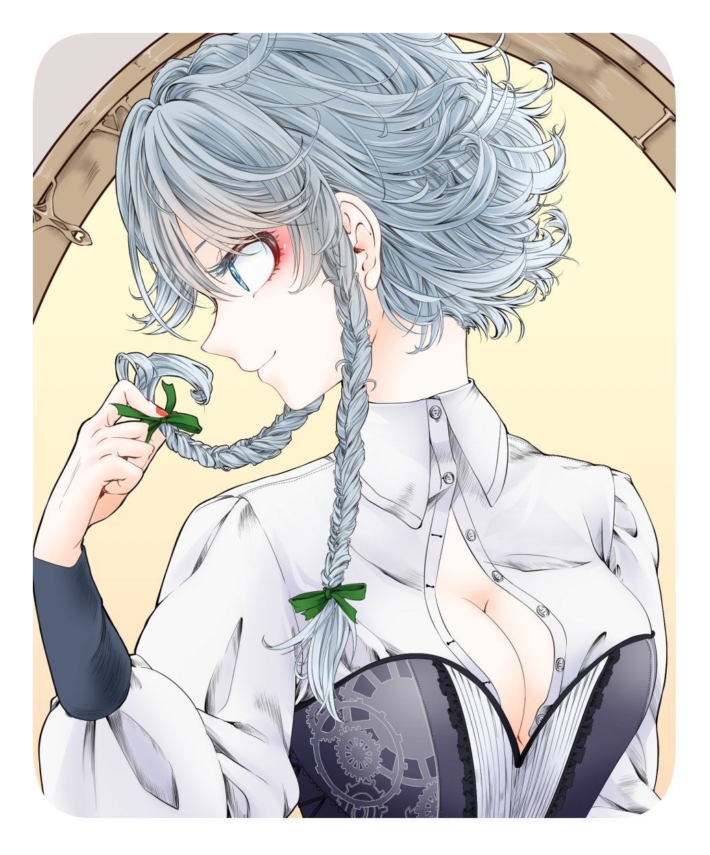 1girl, alternate_costume, blue_eyes, bow, braid, breasts, bustier, cleavage