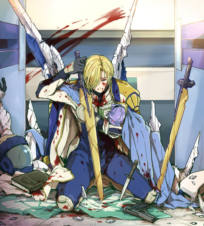 1boy, almiria_bauduin, armor, blonde_hair, blood, blood_from_mouth, blood_on_face, blood_on_wall