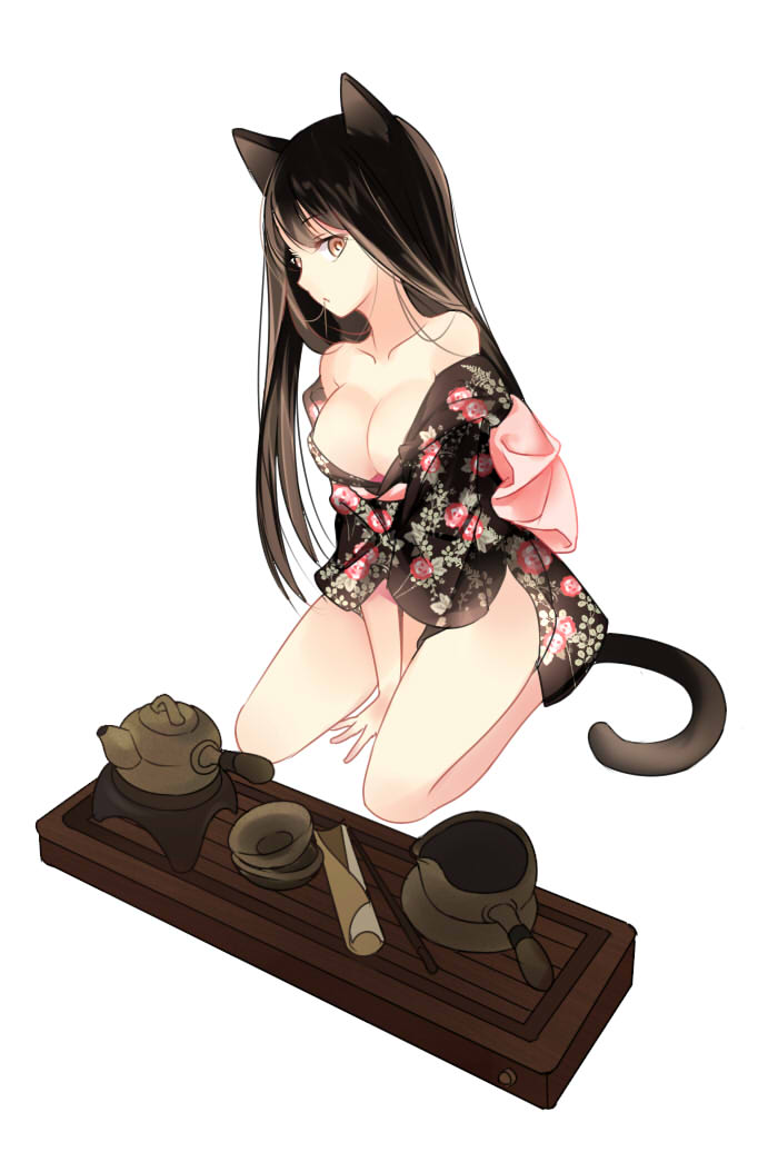 1girl, animal_ears, bangs, between_legs, black_hair, black_kimono, bowl, breasts