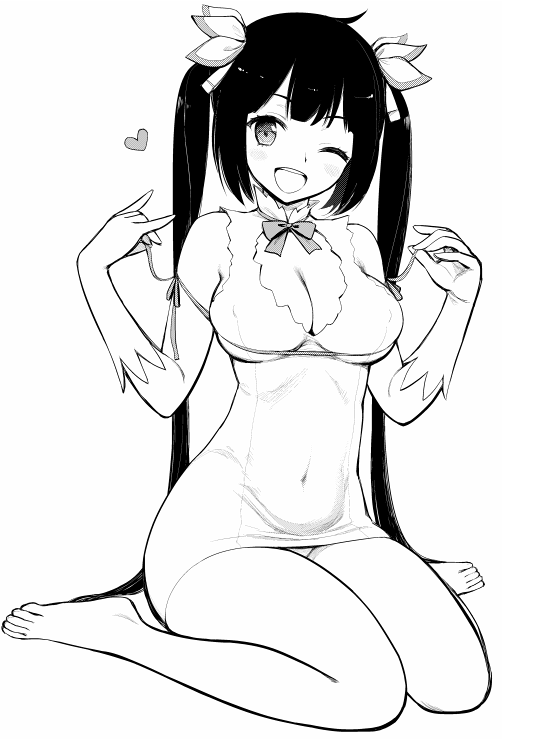 1girl, arm_ribbon, bare_shoulders, barefoot, black_hair, blue_eyes, bow, breasts, cleavage, cleavage_cutout, covered_navel, dress, dungeon_ni_deai_wo_motomeru_no_wa_machigatteiru_darou_ka, feet, gloves, hair_ornament, hair_ribbon, hands_up, heart, hestia_(danmachi), jouyama_yui, large_breasts, long_hair, monochrome, one_eye_closed, open_mouth, rei_no_himo, ribbon, short_dress, sitting, sleeveless, sleeveless_dress, smile, solo, twintails, wariza, white_dress, white_gloves