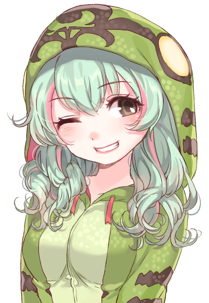 1girl, animal_hood, blush, boomslang_(kemono_friends), breasts, brown_eyes, collarbone, drawstring