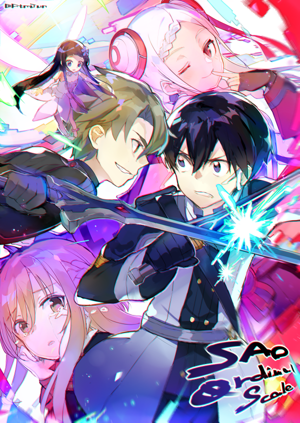 2boys, 3girls, asuna_(sao), atsumi_jun, black_hair, blue_eyes, braid, brown_eyes