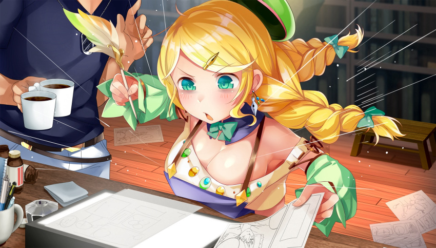 1boy, 1girl, aqua_eyes, bare_shoulders, belt, blonde_hair, blush, bookshelf, braid, breasts, cleavage, coffee, cup, desk, detached_sleeve, drawing, earrings, green_eyes, green_hat, hair_ornament, hairclip, hat, highres, indoors, inkwell, jewelry, large_breasts, long_hair, manga_(object), mug, official_art, open_mouth, pen, protagonist_(x-overd), quill, rottin_(x-overd), twintails, x-overd