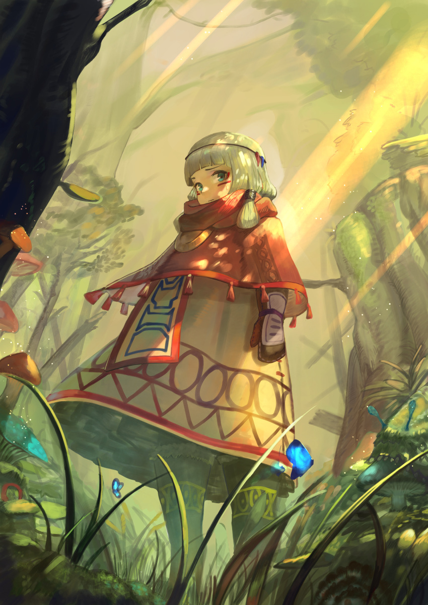 1girl, blue_eyes, boots, butterfly, circlet, cloak, facial_mark, forest, fur_trim, grass, highres, lard_(kumazakiyuta), mittens, mushroom, nature, polypore, silver_hair, solo, standing, tree, trunk, wind