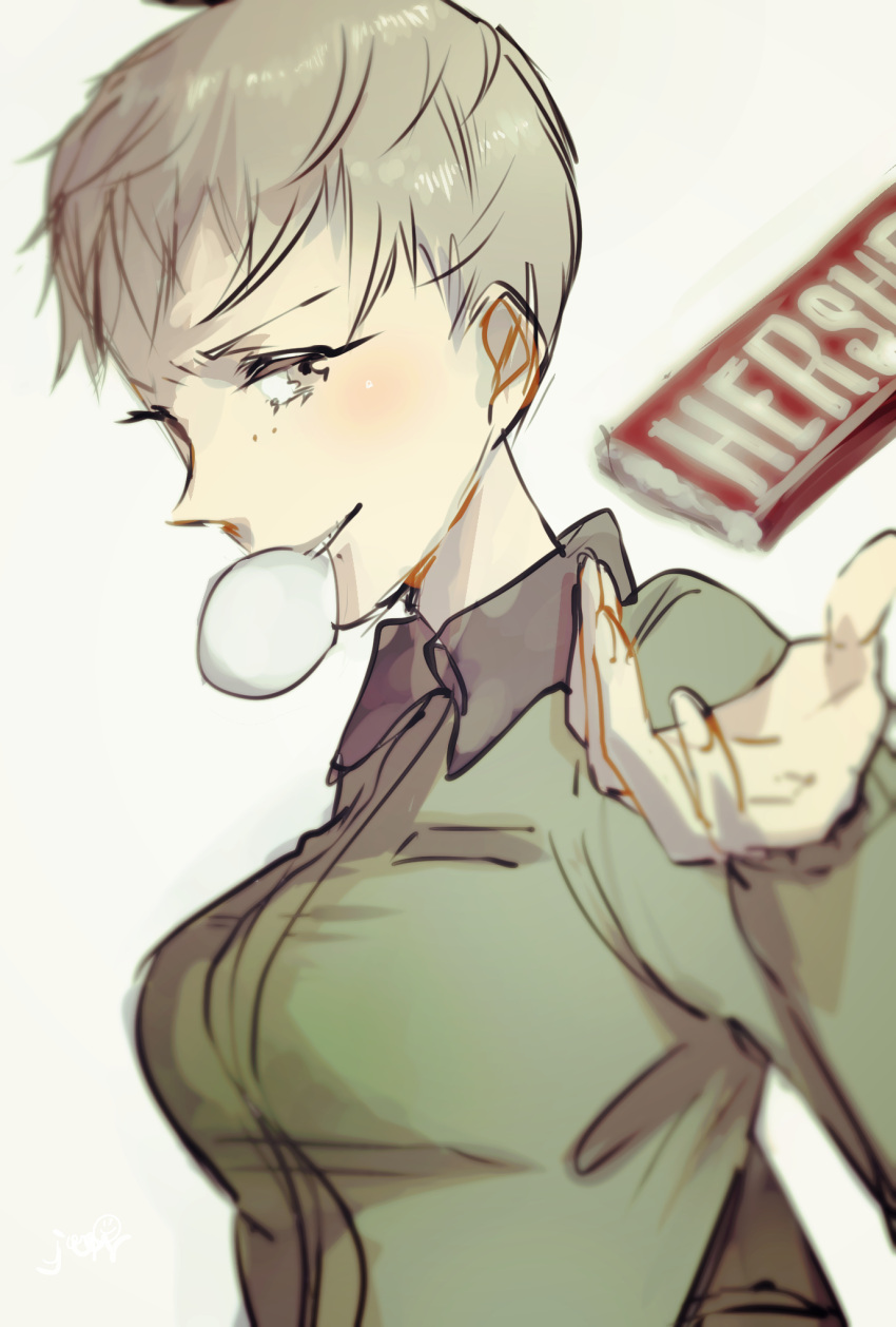 1girl, brown_eyes, brown_hair, bubble_blowing, chewing_gum, chocolate, freckles, girls_und_panzer