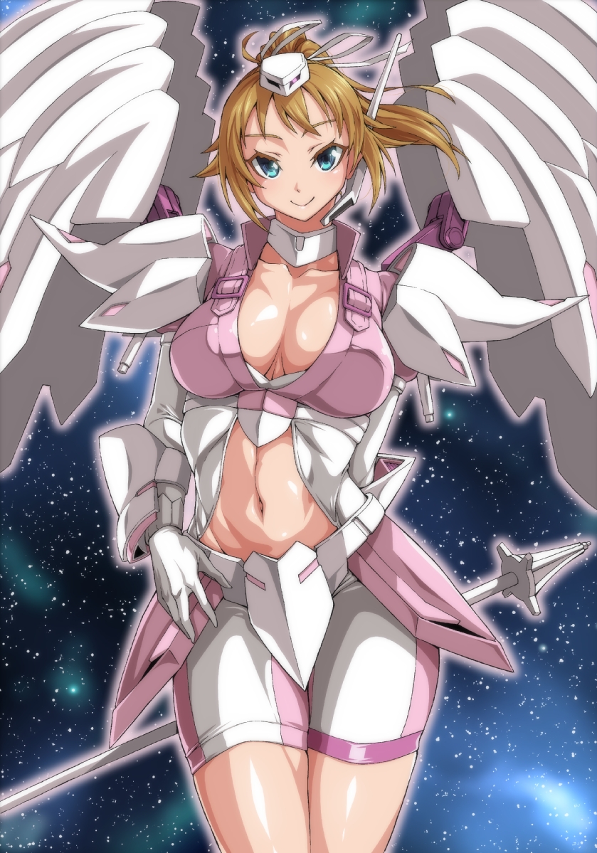 1girl, arm_behind_back, armor, bike_shorts, blue_eyes, blush, breasts, breasts_apart, brown_hair, choker, commentary_request, cowboy_shot, elbow_gloves, faulds, gauntlets, gloves, gundam, gundam_build_fighters, gundam_build_fighters_try, headset, hoshino_fumina, large_breasts, legs_together, mecha_musume, mechanical_wings, navel, navel_cutout, ozaneko, ponytail, shiny, shiny_clothes, shiny_hair, shiny_skin, smile, solo, staff, standing, star, starry_background, super_fumina, wings