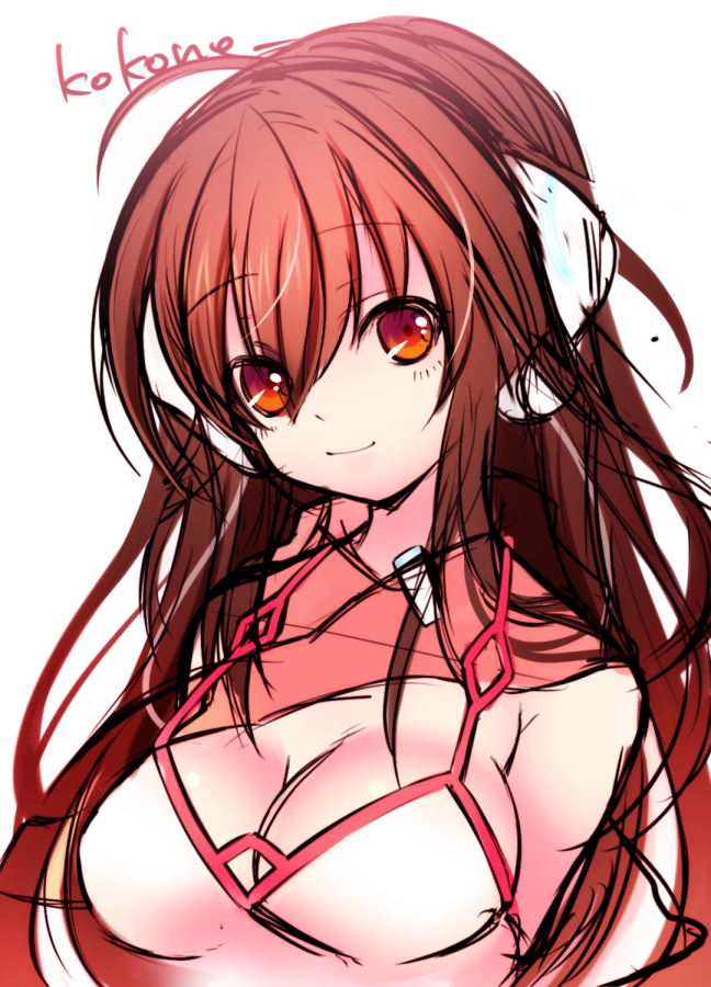 1girl, ahoge, breasts, brown_eyes, brown_hair, character_name, headphones, kokone_(vocaloid)