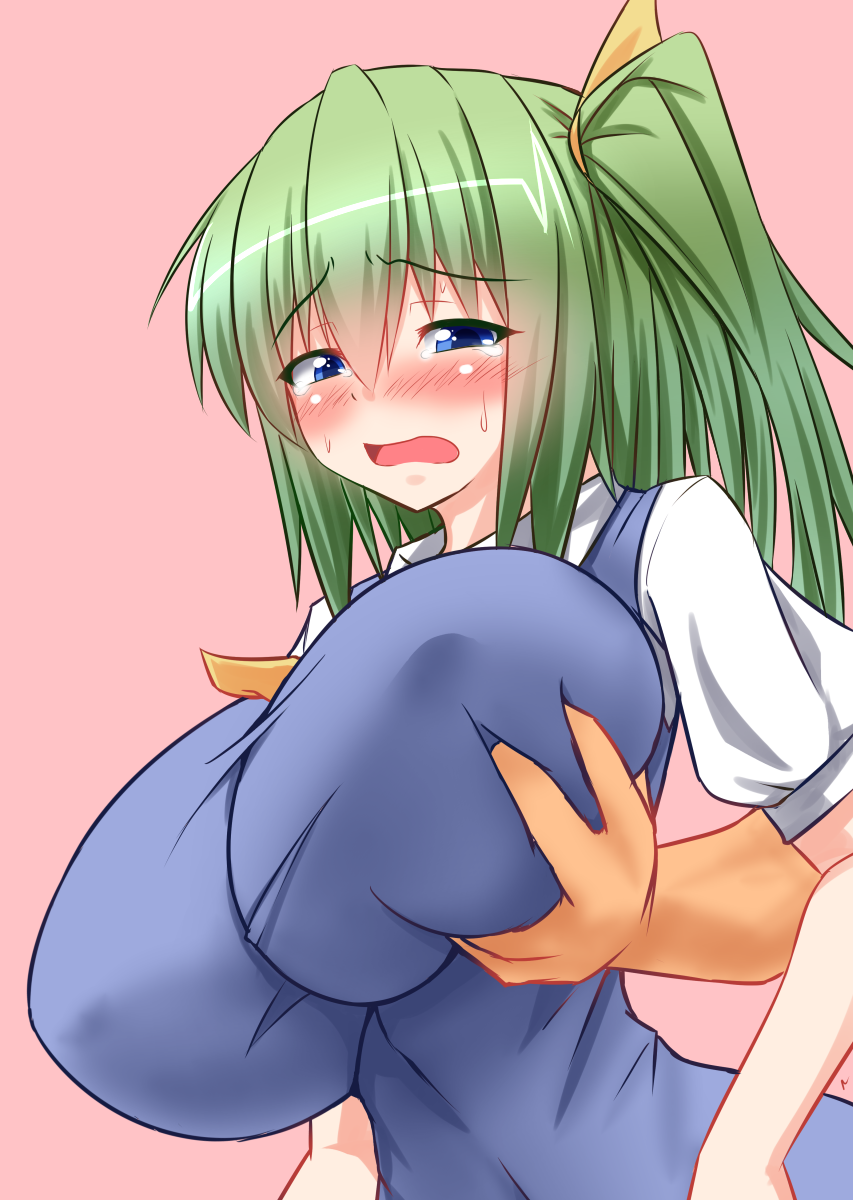 1girl, alternate_breast_size, blush, breast_grab, covered_navel, grabbing, highres, impossible_clothes