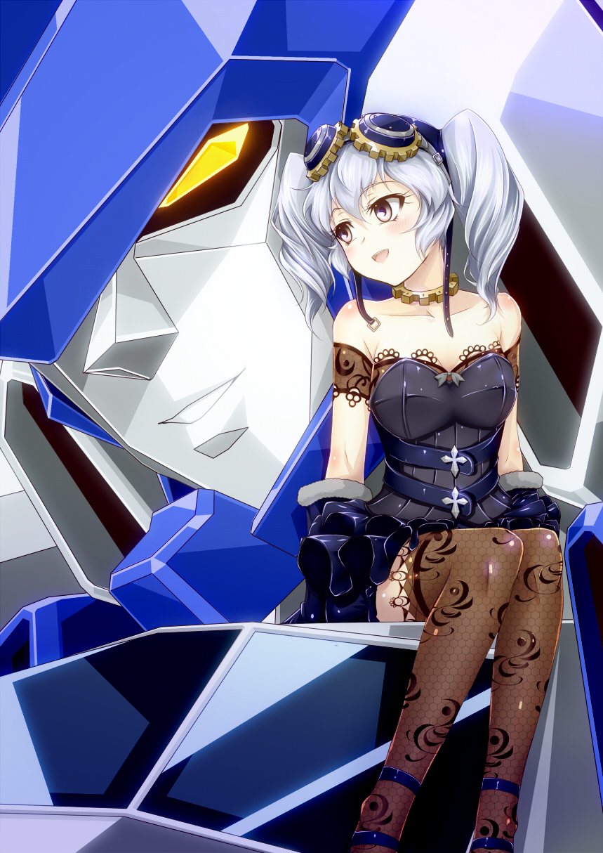 1girl, :d, bare_shoulders, blush, choker, collarbone, commentary_request, gaine, goggles, goggles_on_head, gothic_lolita, highres, lolita_fashion, mecha, nine_(super_robot_wars), open_mouth, silver_hair, sitting, smile, super_robot_wars, super_robot_wars_v, thigh-highs, twintails, yakisoba_(kaz2113), yuusha_series, yuusha_tokkyuu_might_gaine