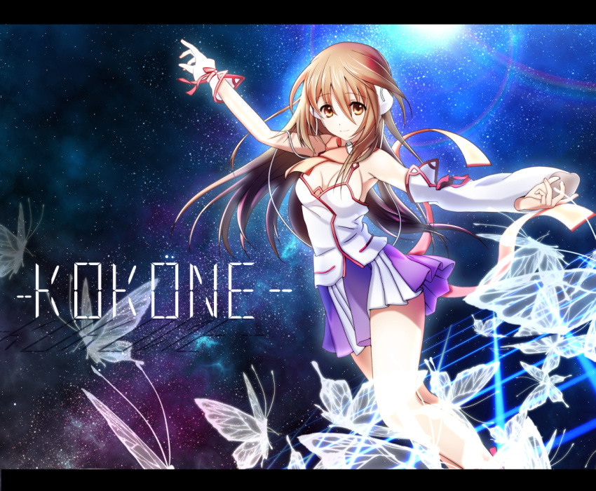 1girl, bangs, bow, breasts, brown_eyes, brown_hair, character_name, detached_sleeves