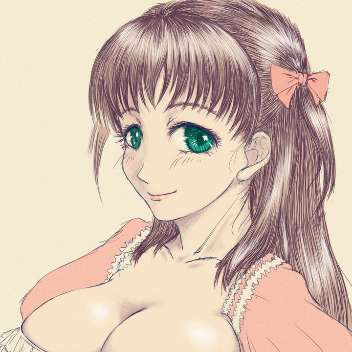1girl, baby_princess, beige_background, bow, breasts, brown_hair, cleavage, eyelashes, green_eyes, hair_bow, harukaze_(baby_princess), large_breasts, lips, long_hair, looking_at_viewer, marbletetrapod, red_bow, smile, solo, two_side_up, upper_body