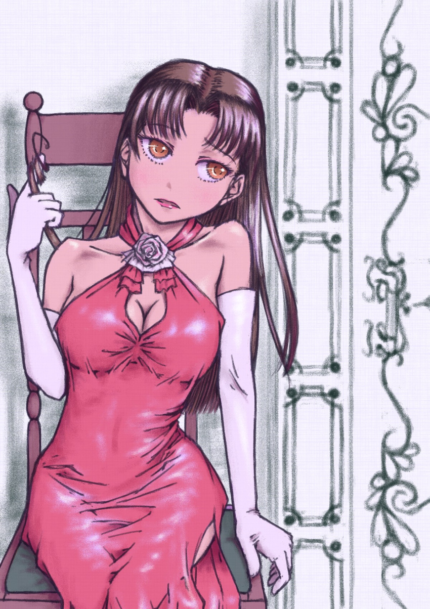 1girl, arm_support, baby_princess, breasts, brown_eyes, brown_hair, chair, cleavage, collarbone, door, door_handle, dress, elbow_gloves, evening_gown, eyelashes, flower, gloves, halter_dress, halterneck, highres, hikaru_(baby_princess), indoors, leaning_to_the_side, lips, lipstick, long_hair, looking_to_the_side, makeup, marbletetrapod, on_chair, playing_with_own_hair, red_dress, rose, side_slit, siting, sitting, solo, white_gloves