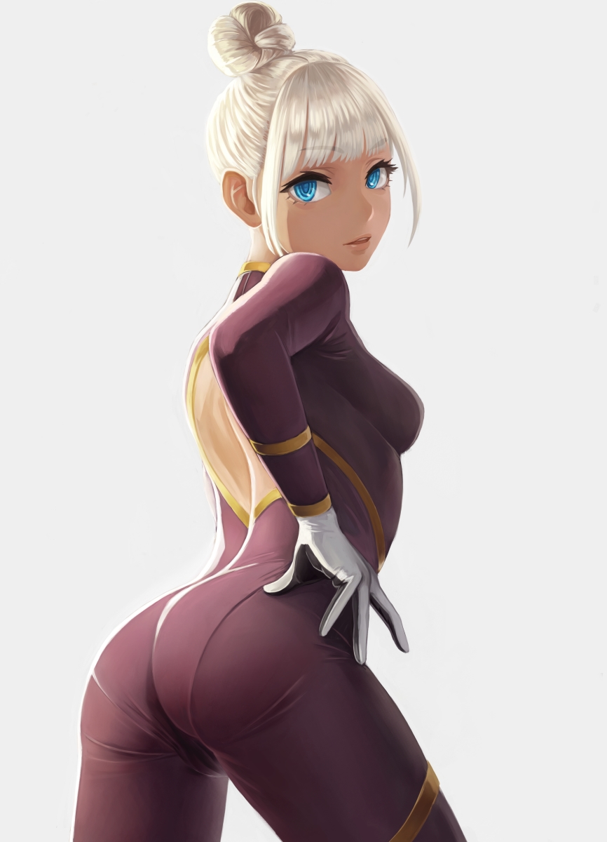 1girl, back_cutout, blue_eyes, bodysuit, breasts, cameltoe, eyelashes, from_behind