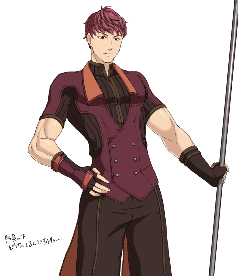 1boy, alternate_costume, asutarou, brown_eyes, fingerless_gloves, fire_emblem, fire_emblem_echoes:_mou_hitori_no_eiyuuou, gloves, lukas_(fire_emblem), male_focus, polearm, redhead, simple_background, solo, spear, upper_body, weapon, white_background