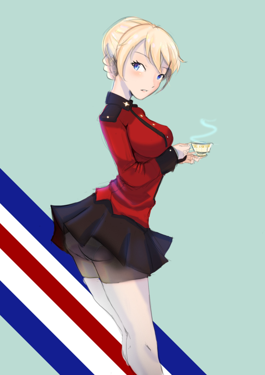 1girl, ass, blonde_hair, blue_eyes, blush, cup, darjeeling, girls_und_panzer