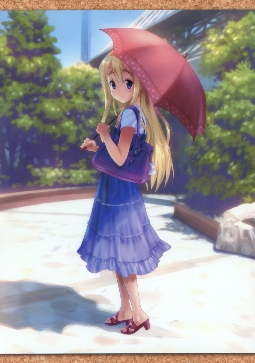 1girl, absurdres, bag, blonde_hair, blue_eyes, blush, casual, eyebrows