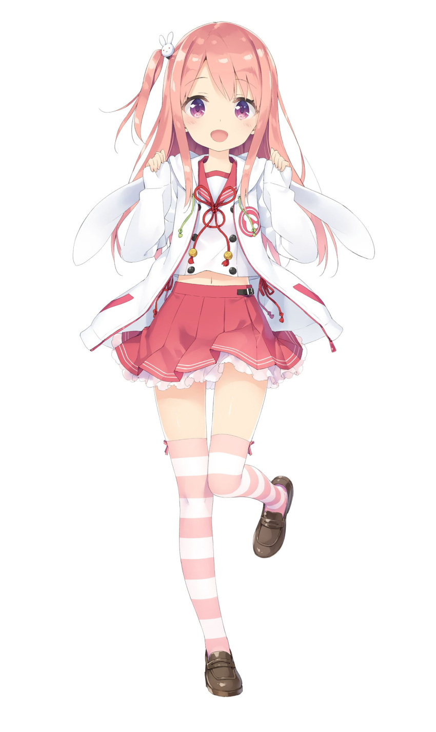 1girl, :d, absurdres, animal_hood, bangs, blush, brown_shoes, bunny_hair_ornament