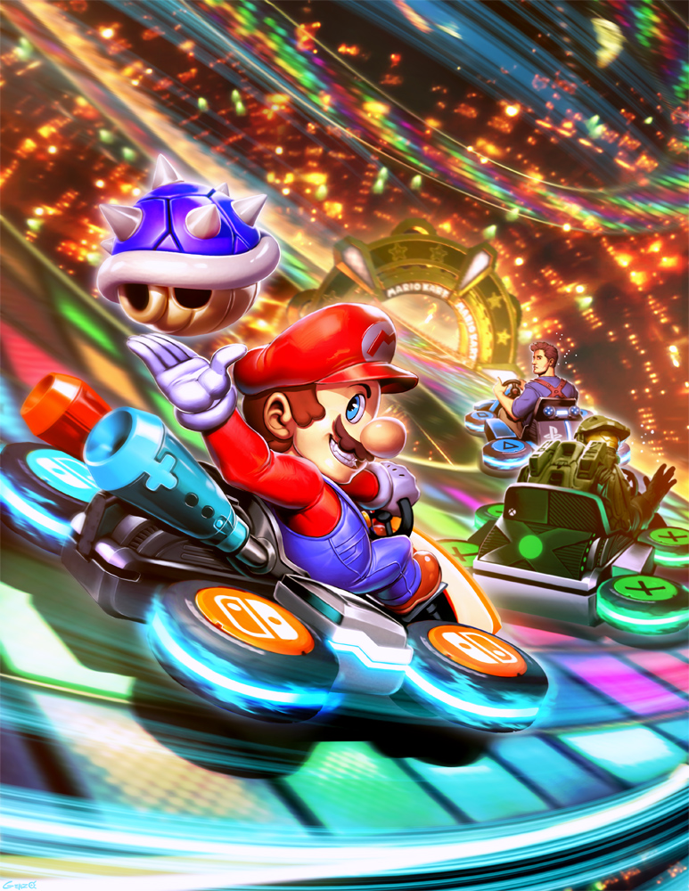 3boys, armor, blue_eyes, blue_shell, brown_hair, crossover, facial_hair, genzoman
