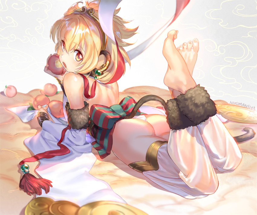 1girl, anchira_(granblue_fantasy), artist_name, ass, barefoot, blonde_hair, blurry, detached_sleeves