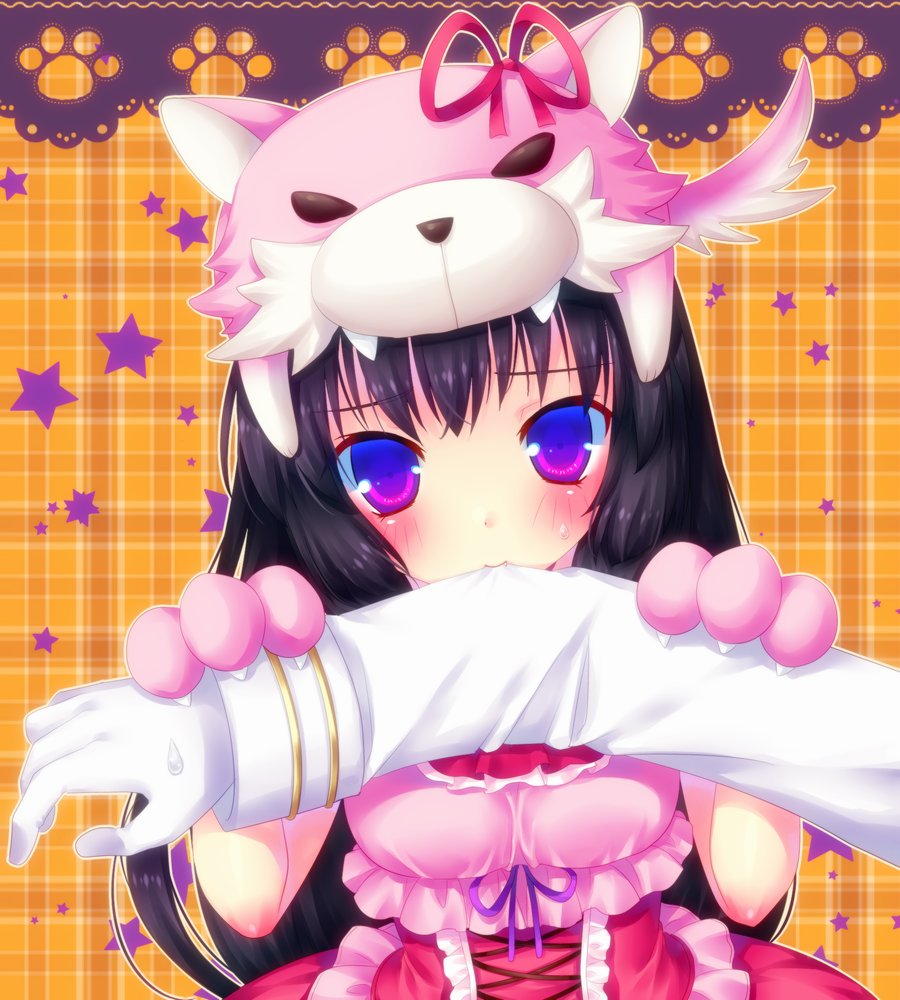 1girl, animal_hat, arm, biting_arm, black_hair, flower_knight_girl, gloves, haineko_(die_verschwand)