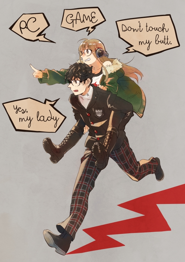 1boy, 1girl, black_hair, boots, carrying, chanosuke, commentary_request, cross-laced_footwear