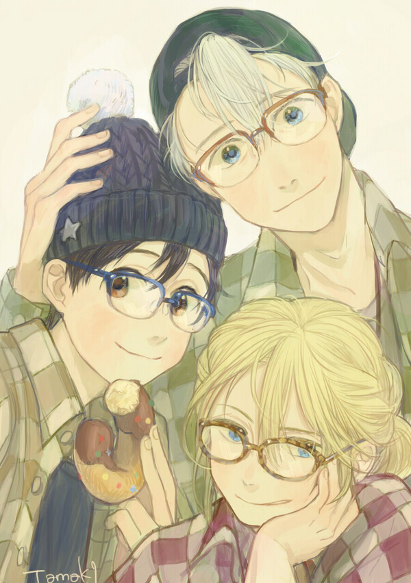 3boys, backwards_hat, baseball_cap, bespectacled, black_hair, blonde_hair, blue-framed_eyewear, blue_eyes
