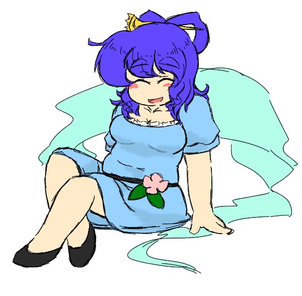 1girl, ^_^, belly, blue_hair, blush, breasts, cleavage, closed_eyes