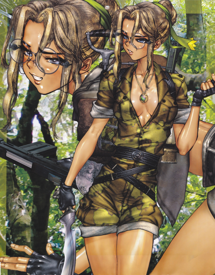 1girl, blonde_hair, blue_eyes, breasts, camouflage, fingerless_gloves, glasses, gloves, gun, highres, jewelry, knife, long_hair, looking_at_viewer, medium_breasts, military, military_uniform, no_bra, open_clothes, parted_lips, phara_l._olyn, shirou_masamune, solo, submachine_gun, translation_request, uniform, weapon, wild_wet_quest
