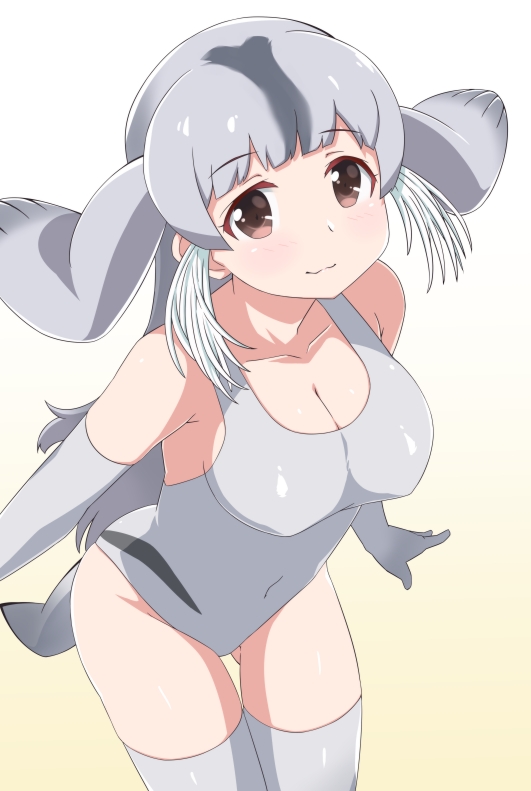 1girl, :3, armpit_peek, arms_at_sides, bare_shoulders, bearded_seal_(kemono_friends), blush, breasts