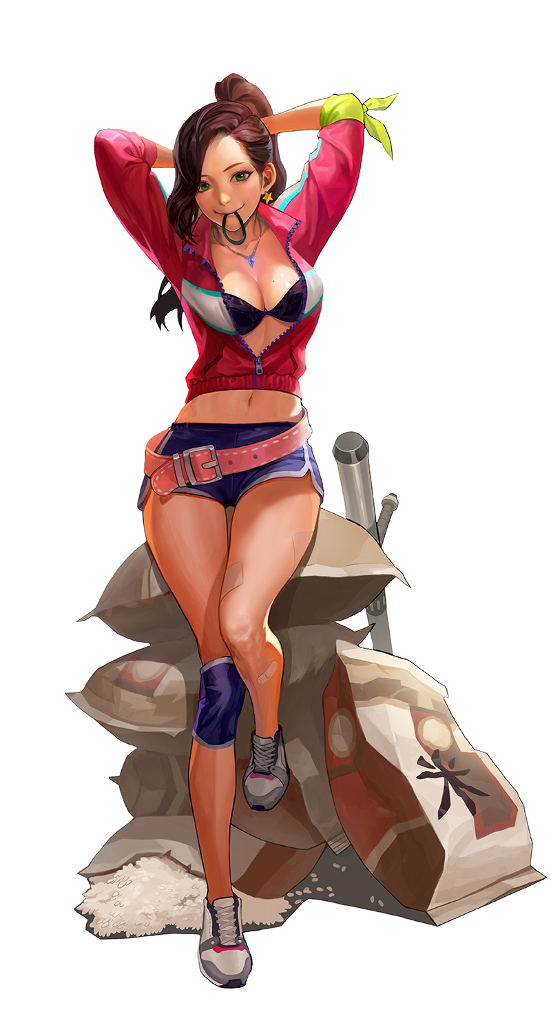 1girl, adjusting_hair, arms_behind_back, arms_up, bangs, belt, belt_buckle, bikini