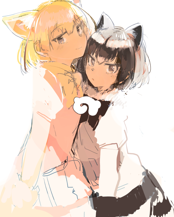 2girls, :o, animal_ears, arm_at_side, backlighting, black_gloves, black_hair, black_ribbon