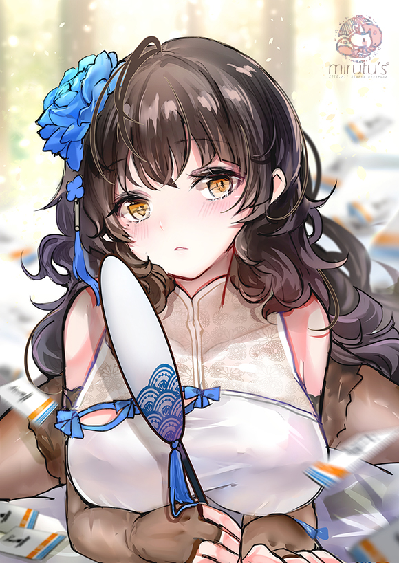 1girl, artist_name, black_hair, blue_bow, blue_rose, bow, breasts, brown_legwear
