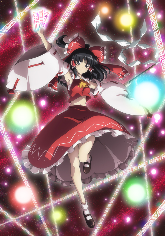 1girl, armpits, ascot, bangs, belly_peek, black_eyes, black_hair, bobby_socks, bow, breasts, closed_mouth, danmaku, detached_sleeves, fantasy_seal, frilled_shirt_collar, frilled_skirt, frills, full_body, gohei, hair_bow, hair_tubes, hakurei_reimu, long_hair, long_sleeves, looking_at_viewer, lunamoon, mary_janes, medium_breasts, midriff, navel, nontraditional_miko, ofuda, outstretched_arms, parted_bangs, red_bow, red_shirt, red_skirt, ribbon-trimmed_sleeves, ribbon_trim, sarashi, shirt, shoes, sidelocks, skirt, sleeveless, sleeveless_shirt, smile, socks, solo, spread_arms, touhou, white_legwear, wide_sleeves