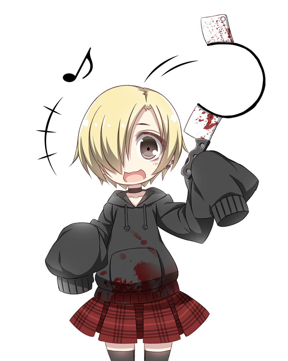 +++, 1girl, :3, :d, black_legwear, blonde_hair, blood, bloody_clothes