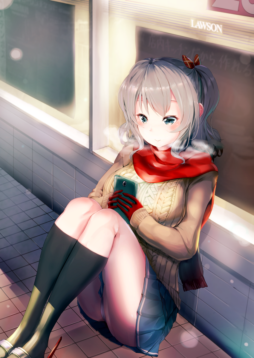 1girl, alternate_costume, black_legwear, blue_eyes, cellphone, gloves, highres, holding