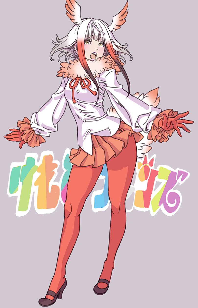 1girl, bangs, bird_tail, black_shoes, blunt_bangs, breasts, buttons, collar
