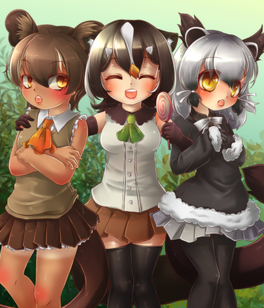 3girls, animal_ears, binturong_(kemono_friends), binturong_ears, binturong_tail, blush, bow, bowtie, civet_ears, civet_tail, commentary_request, fossa_(kemono_friends), fossa_ears, fossa_tail, highres, kakiikada, kemono_friends, masked_palm_civet_(kemono_friends), multiple_girls, skirt, sleeveless, tail